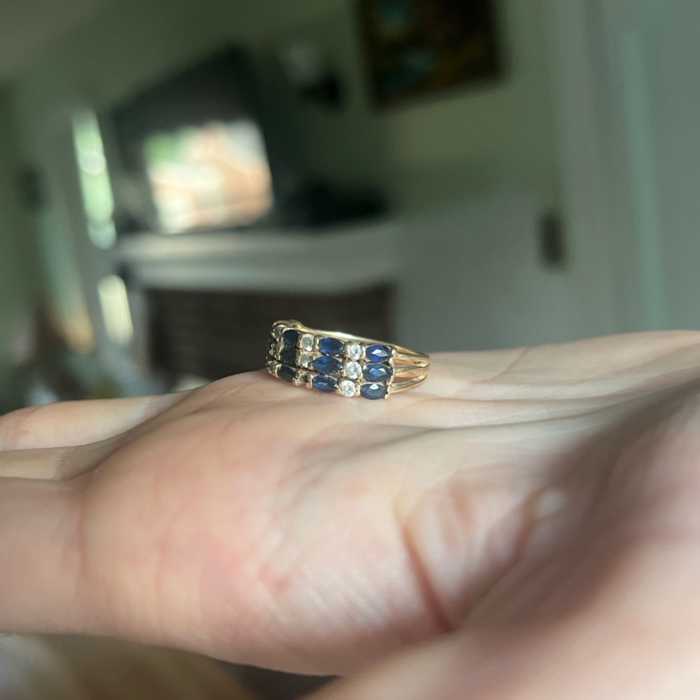 Exquisite Jewelers 14k Gold 3 Row Blue Sapphire & Diamond Ring